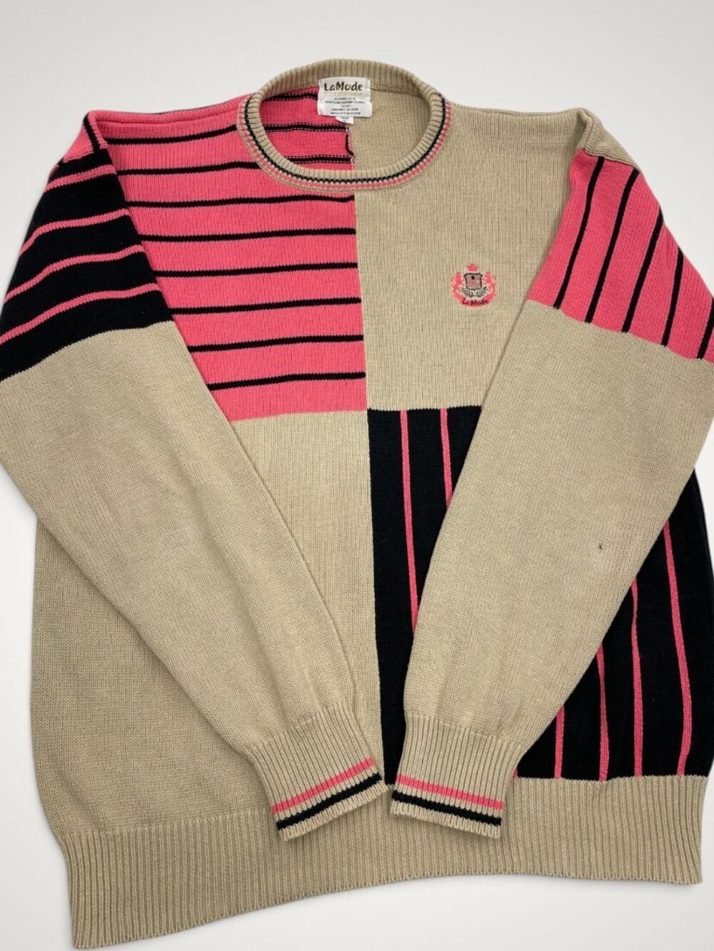 Vintage LaMode 80's Color Block Striped Crewneck Sweater Tan Pink Black Men’s XL